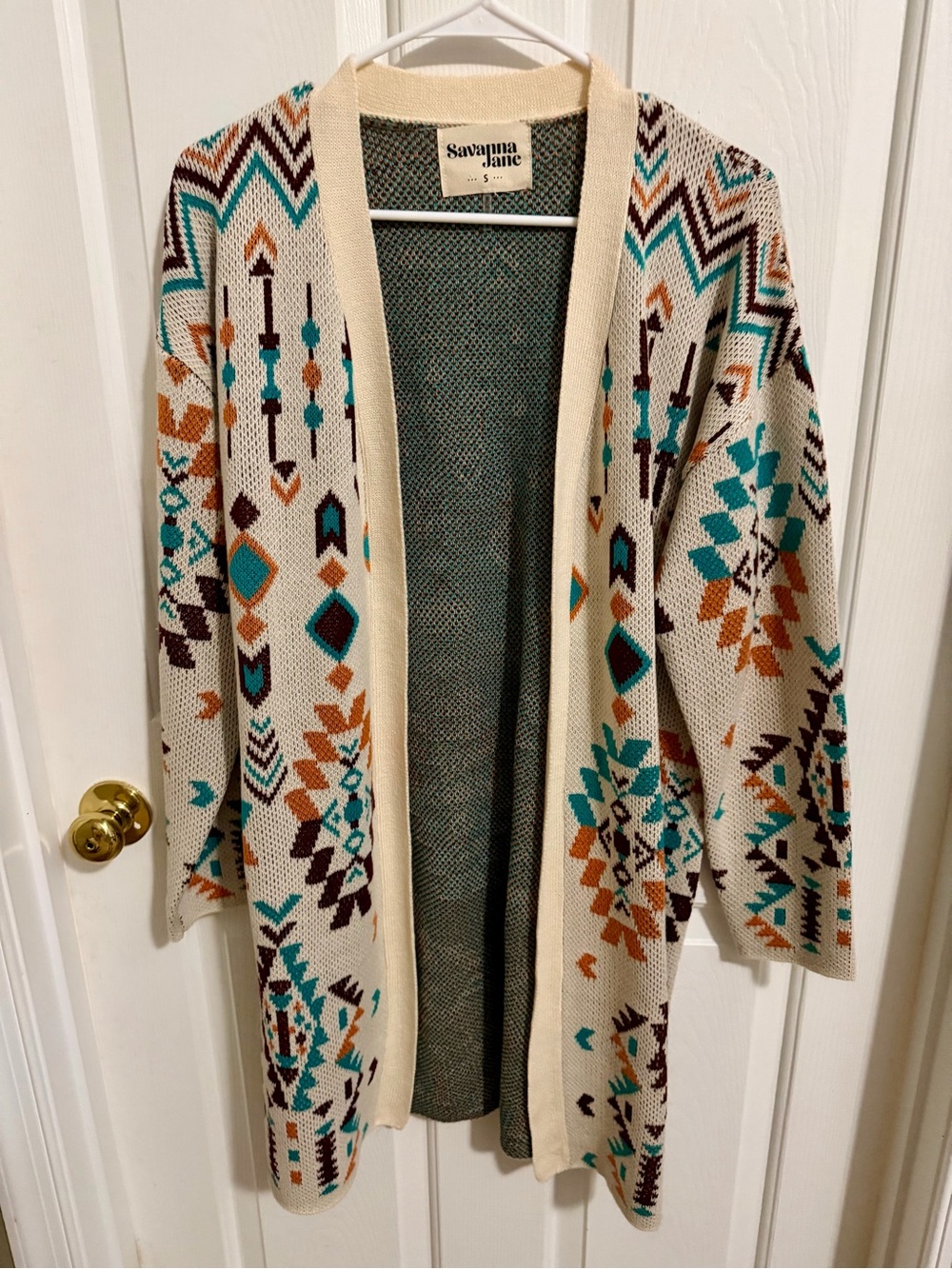 Savanna Jane Cream Cardigan with Turquoise and Brown Aztec Print
